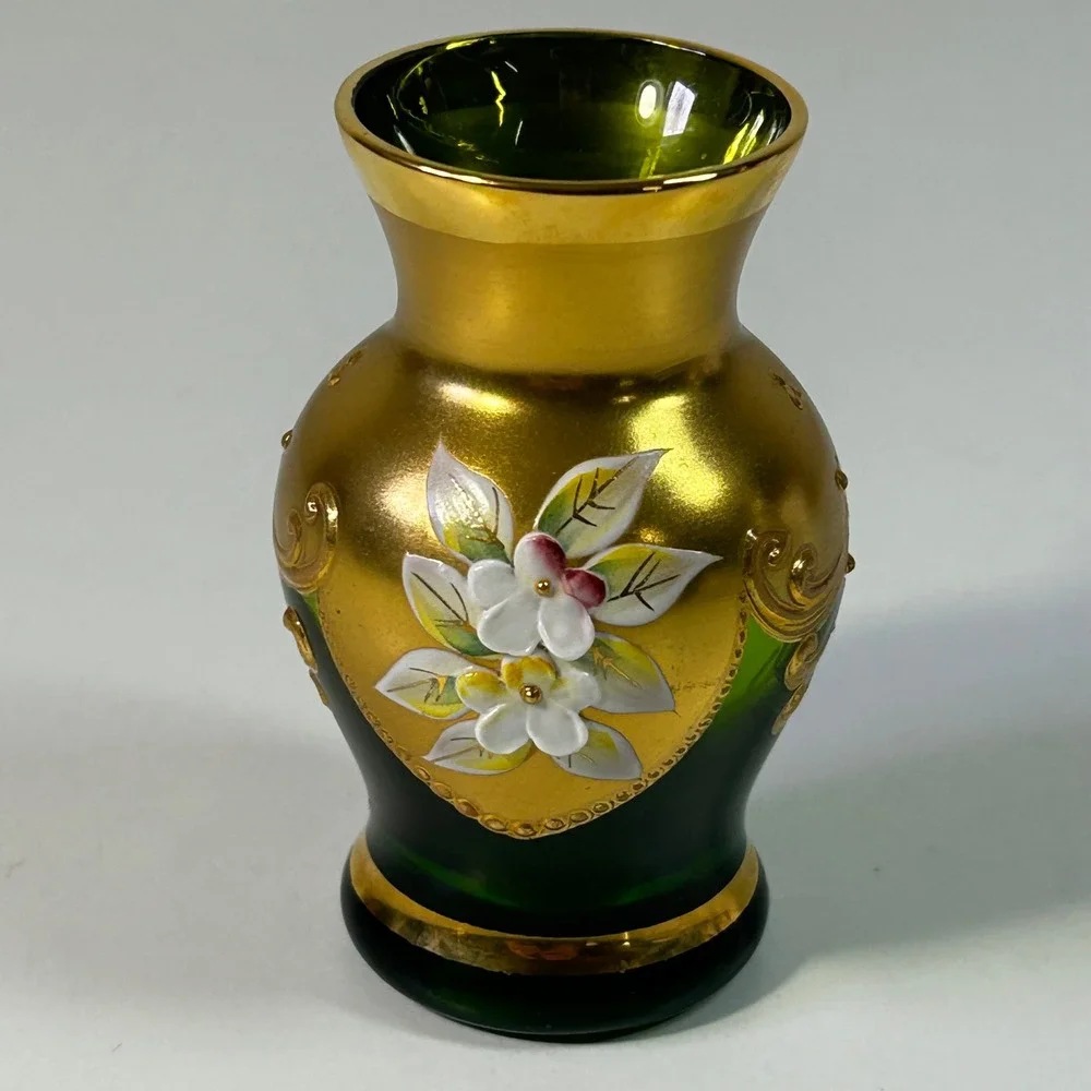RTL Czechoslovakia Emerald Green Glass Bud Vase Gold Gilt Enamel Floral 3 Inch